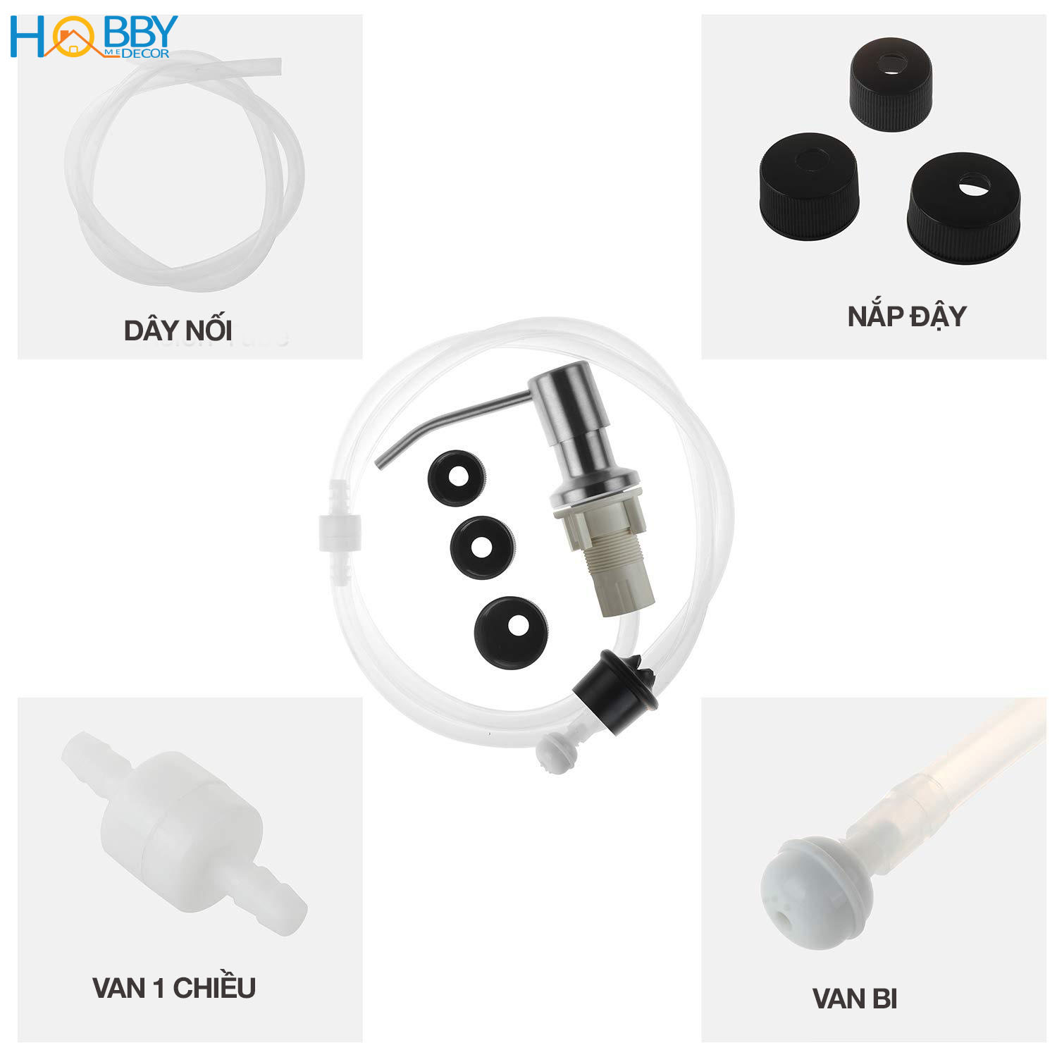 Vòi bơm dây dẫn nước rửa chén gắn chậu rửa Hobby home decor NRC2 đầu bơm inox 304 có van 1 chiều gắn chai nước rửa chén