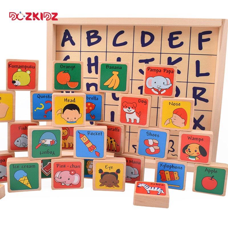 Đồ chơi gỗ thông minh, bảng gỗ xếp 26 chữ cái Tiếng Anh kèm từ vựng cho bé - DOZKIDZ