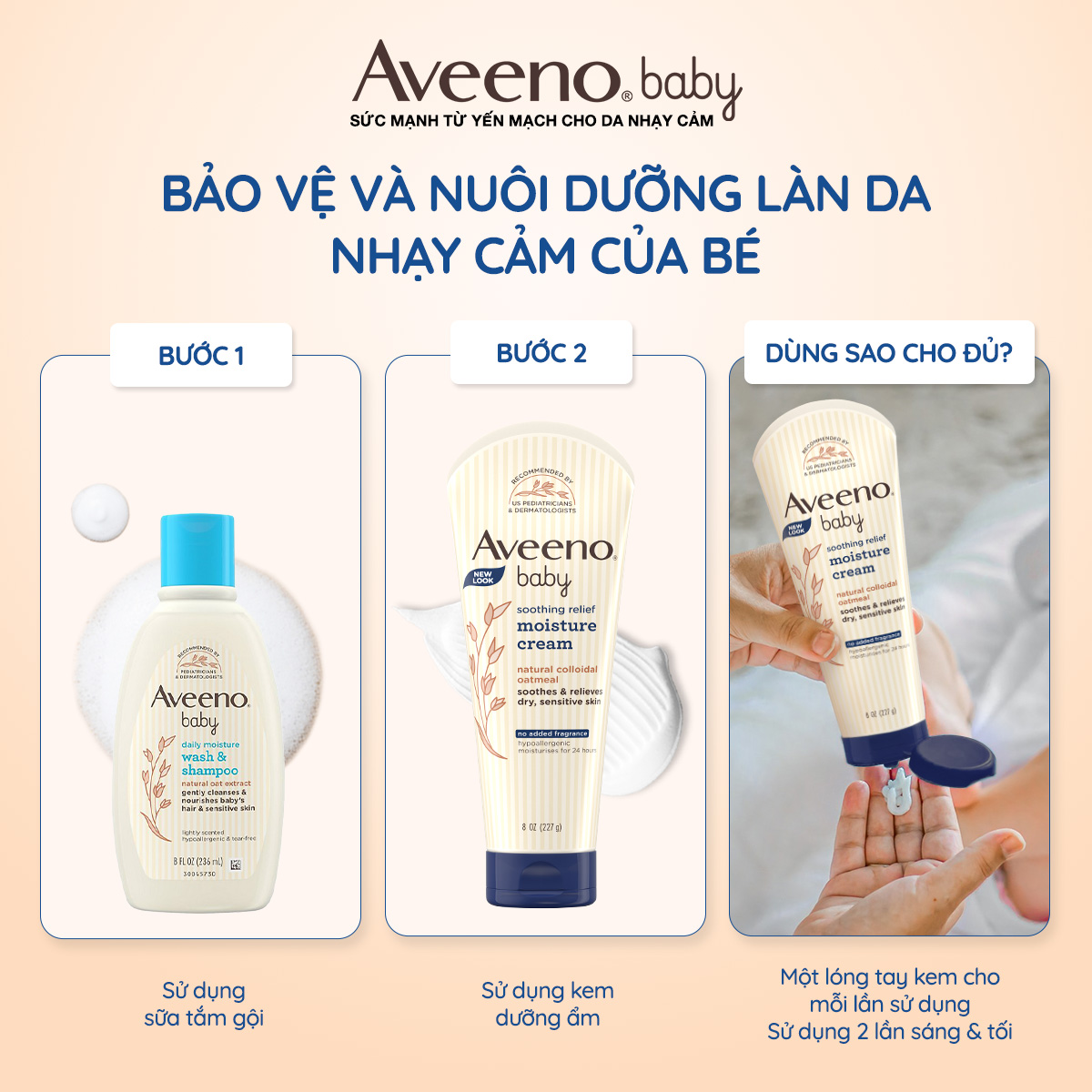 [COMBO TIẾT KIỆM] Bộ làm sạch & kem dưỡng ẩm cho bé da khô & nhạy cảm Aveeno Baby.