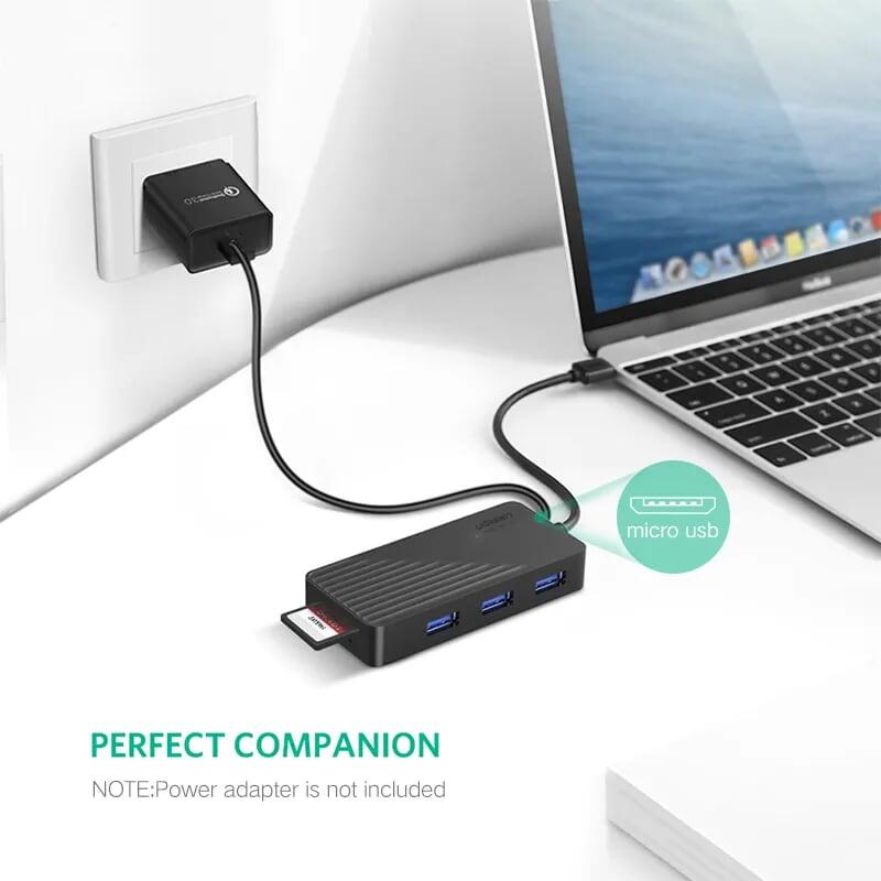 Ugreen UG30413CR132TK 1M màu Đen Bộ chia HUB USB 3.0 sang 3 USB 3.0 + đọc thẻ SD TF hỗ trợ nguồn MICRO USB - HÀNG CHÍNH HÃNG