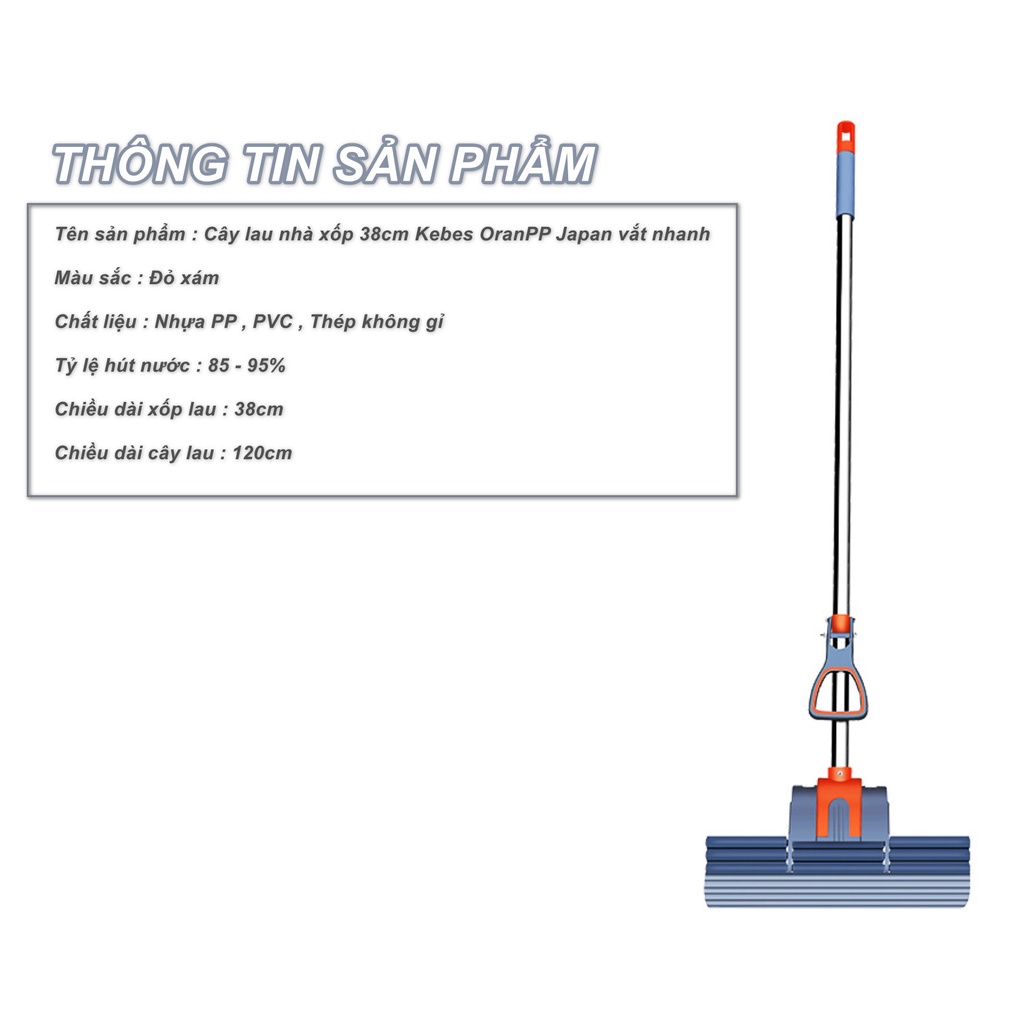 Cây lau nhà xốp 38cm Kebes OranPP Japan vắt nhanh