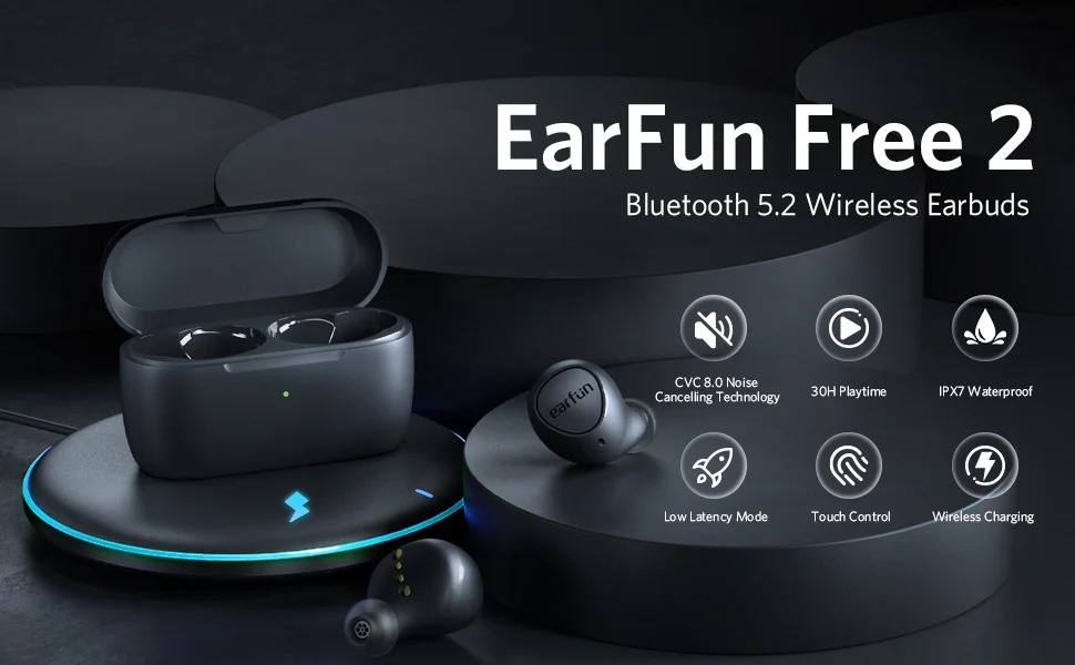 Tai nghe True Wireless Earfun Free 2 - Thế hệ mới nhất, Chip Qualcomm QCC3040, Bluetooth 5.2 hỗ trợ aptX, Độ trễ 60ms, Chống nước IPX7, Pin 30h sạc nhanh chuẩn Qi- Hàng chính hãng