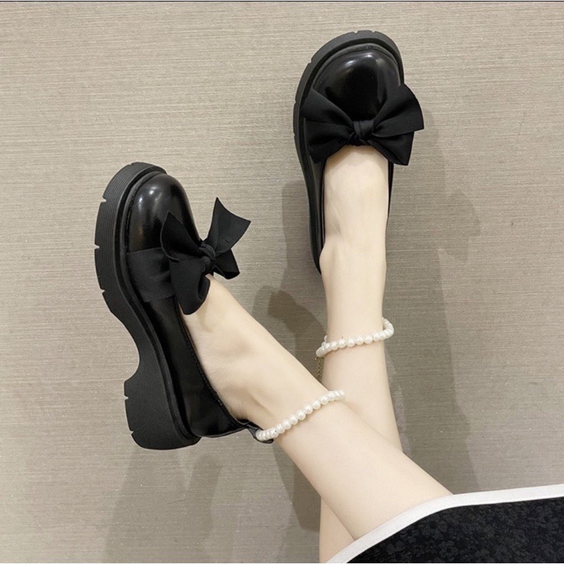 [FREESHIP] Giày da nữ Lolita quai ngọc buộc nơ Cao cấp đế cao 2cm 2 màu đen trắng