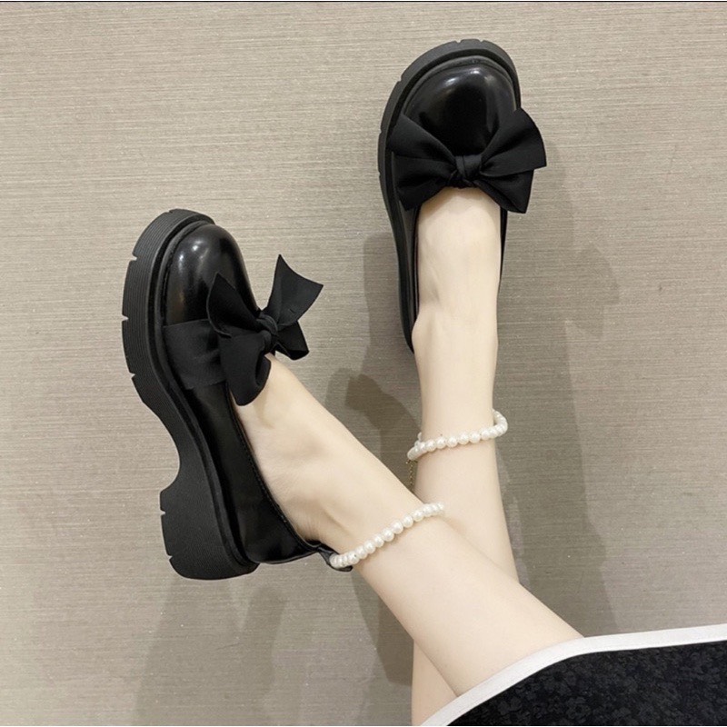 [FREESHIP] Giày da nữ Lolita quai ngọc buộc nơ Cao cấp đế cao 2cm 2 màu đen trắng