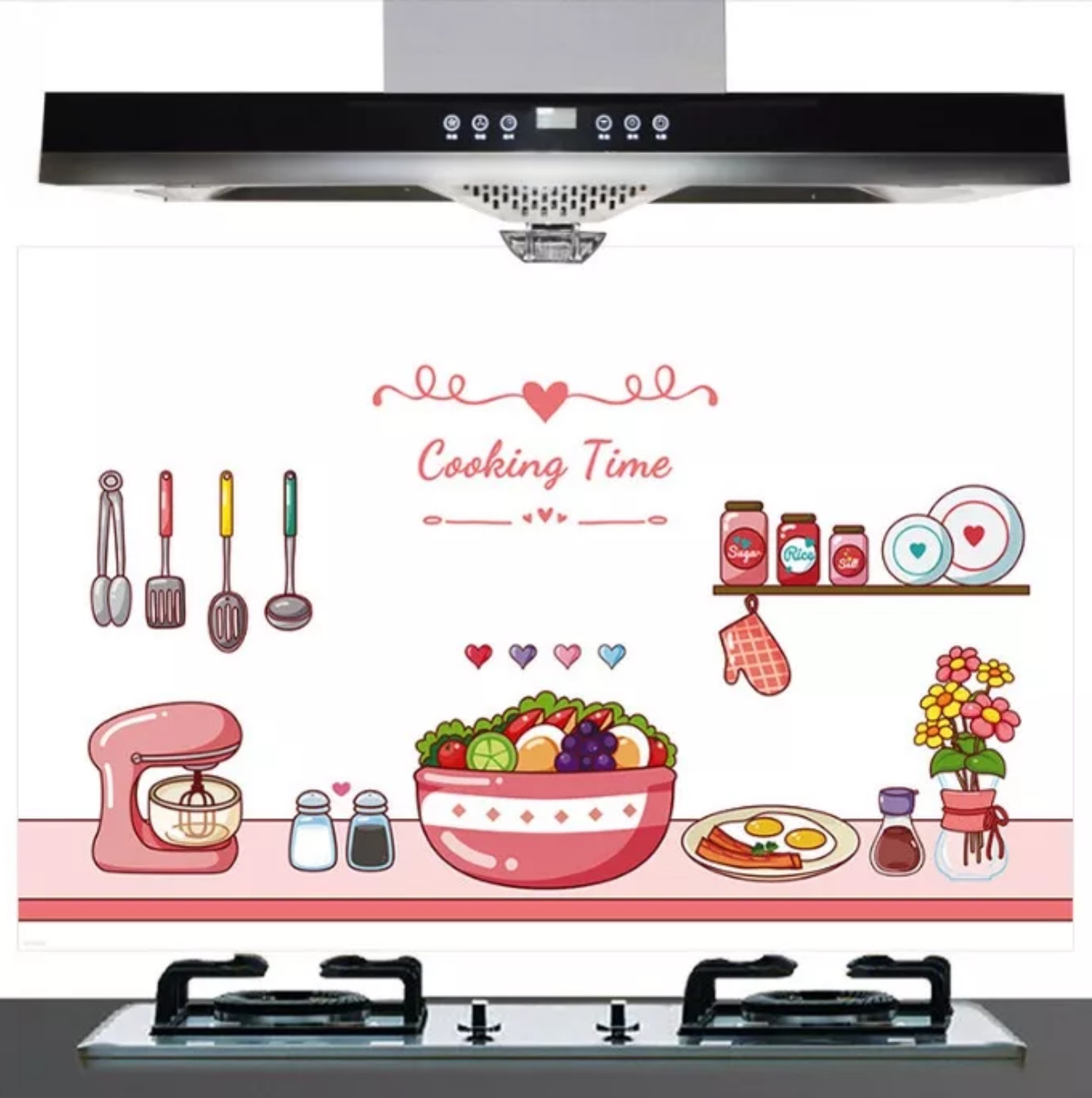 Tấm Decal Nhựa dán tường bếp Chống thấm dầu trong suốt in họa tiết Cooking Time