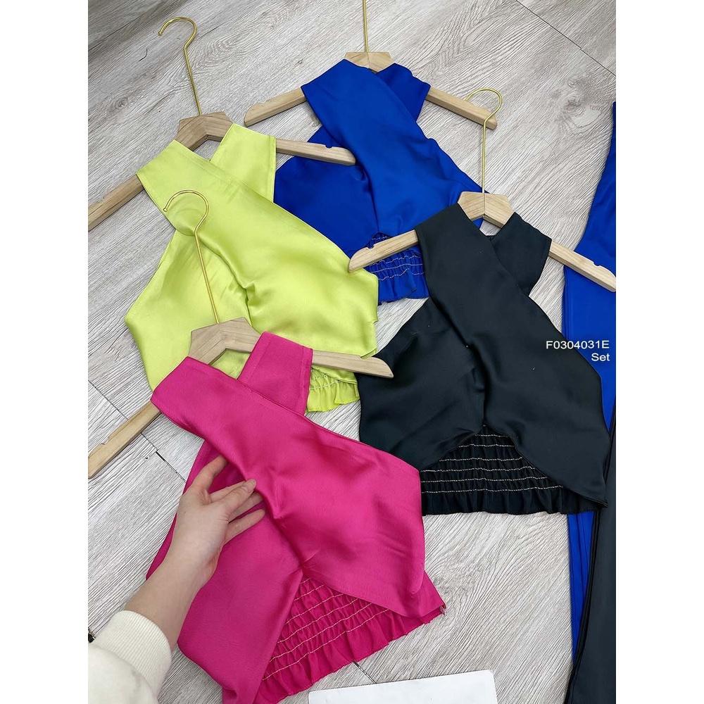 Set lụa áo croptop ngực đắp chéo cổ yếm phối quần suông
