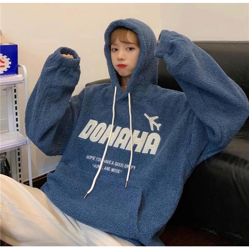 Áo Hoodie dohaha MEANSTORE nỉ lót lông có mũ oversize unisex nam nữ form rộng phong cách Hàn Quốc - Xanh, xám 8054