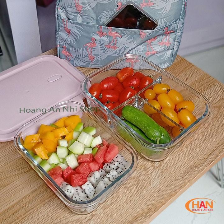 Bộ Hộp Cơm Văn Phòng Chất Liệu Thủy Tinh Cao Cấp Có Chia Ngăn Tiện Dụng - Tặng Kèm Túi Giữ Nhiệt Và Bộ Muổng Đũa