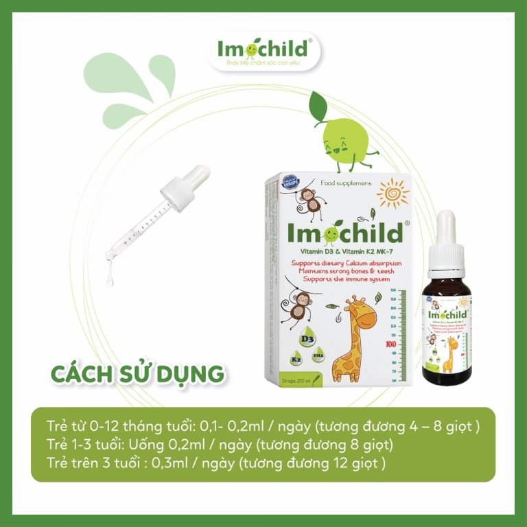 [TPBVSK] IMOCHILD D3K2 MK7 + DHA – Tăng cường phát triển chiều cao và trí não cho trẻ (Lọ nhỏ giọt 20 ml)