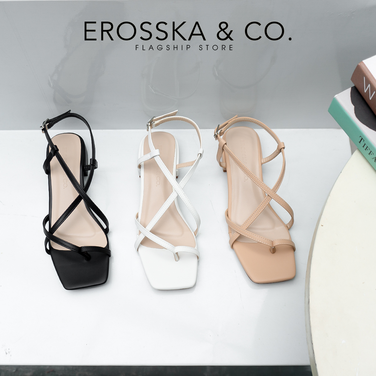 Erosska - Giày sandal cao gót quai mảnh mũi vuông cao 2,5cm EB040