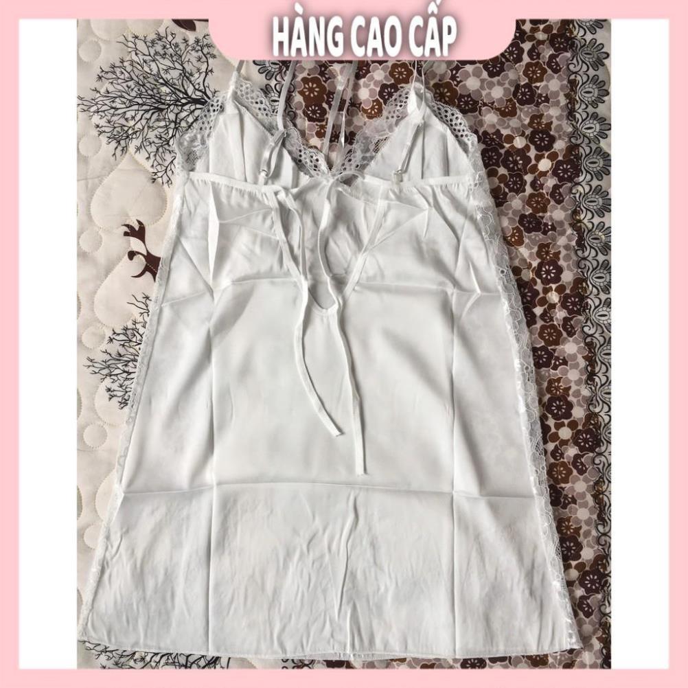 Váy ngủ lụa hai dây phối ren hông gợi cảm màu trắng kèm hình thật shop chụp  *