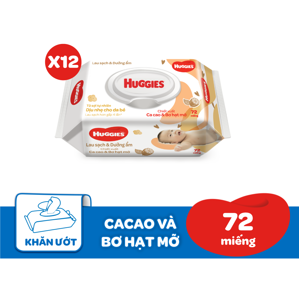 Combo 12 Gói Khăn Ướt Huggies Cacao và Bơ Hạt Mỡ (72 Miếng/ Gói)
