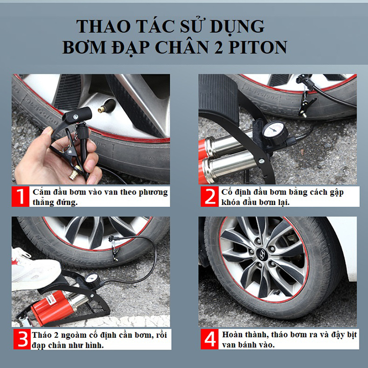 Bơm Hơi Ô Tô Xe Máy Đạp Chân 2 Piston Cao Cấp