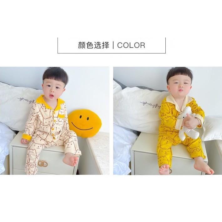 Bộ pijama dài tay mặt mèo cho bé trai bé gái