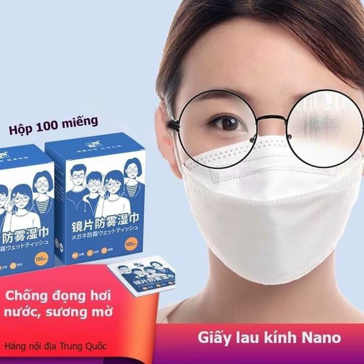 Khăn lau kính Lens anti fogging wipes /chống bám hơi nước, mờ sương, sạch bụi bẩn và dấu vân tay, Công nghệ Nano Nhật Bản - Hộp 100 Miếng,khăn giấy Lau Mắt Kính Giày Xe