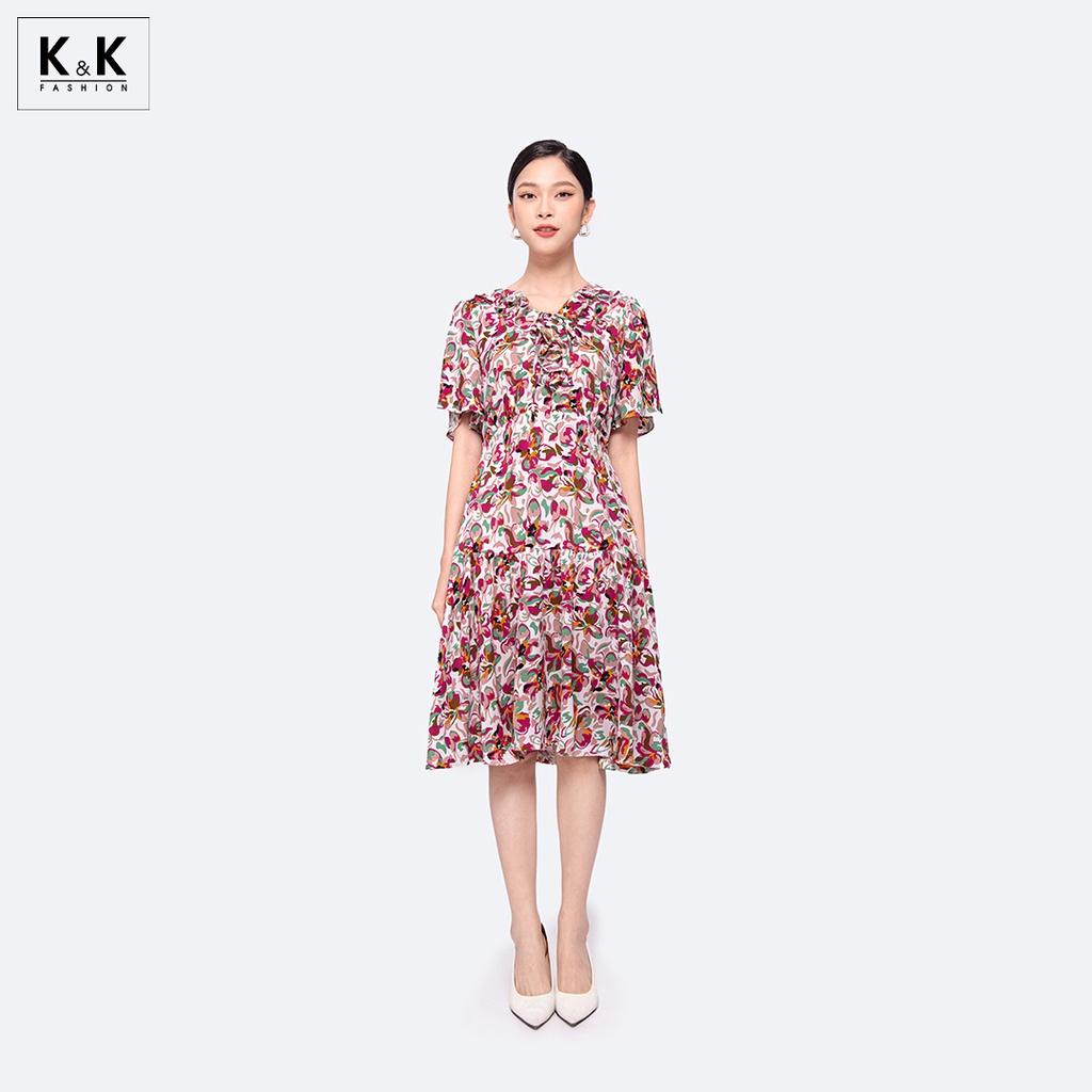 Đầm Hoa Công Sở Nữ Viền Bèo K&amp;K Fashion KK117-31 Chất Liệu Lụa