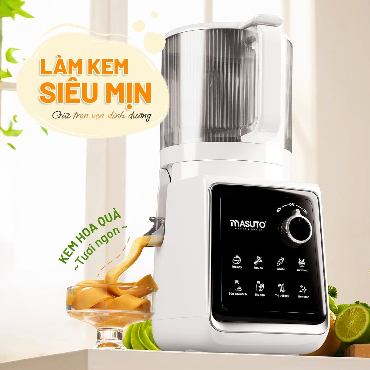Máy Ép Chậm Trái Cây Làm Kem Toàn Năng 8in1 Masuto MSPrimeUltra, Công Suất 150W, Ống Tiếp Cực Đại 156mm, Ép Kiệt 99%, 8 Chế Độ Nấu - Hàng chính hãng