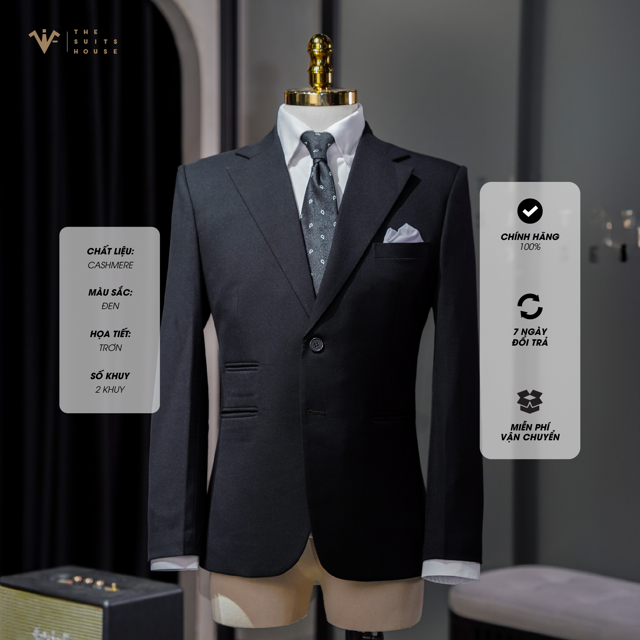 [CLASSY 1] Nguyên bộ suits 2 mảnh ĐEN 2 KHUY 3 TÚI, vải cashmere, form chuẩn