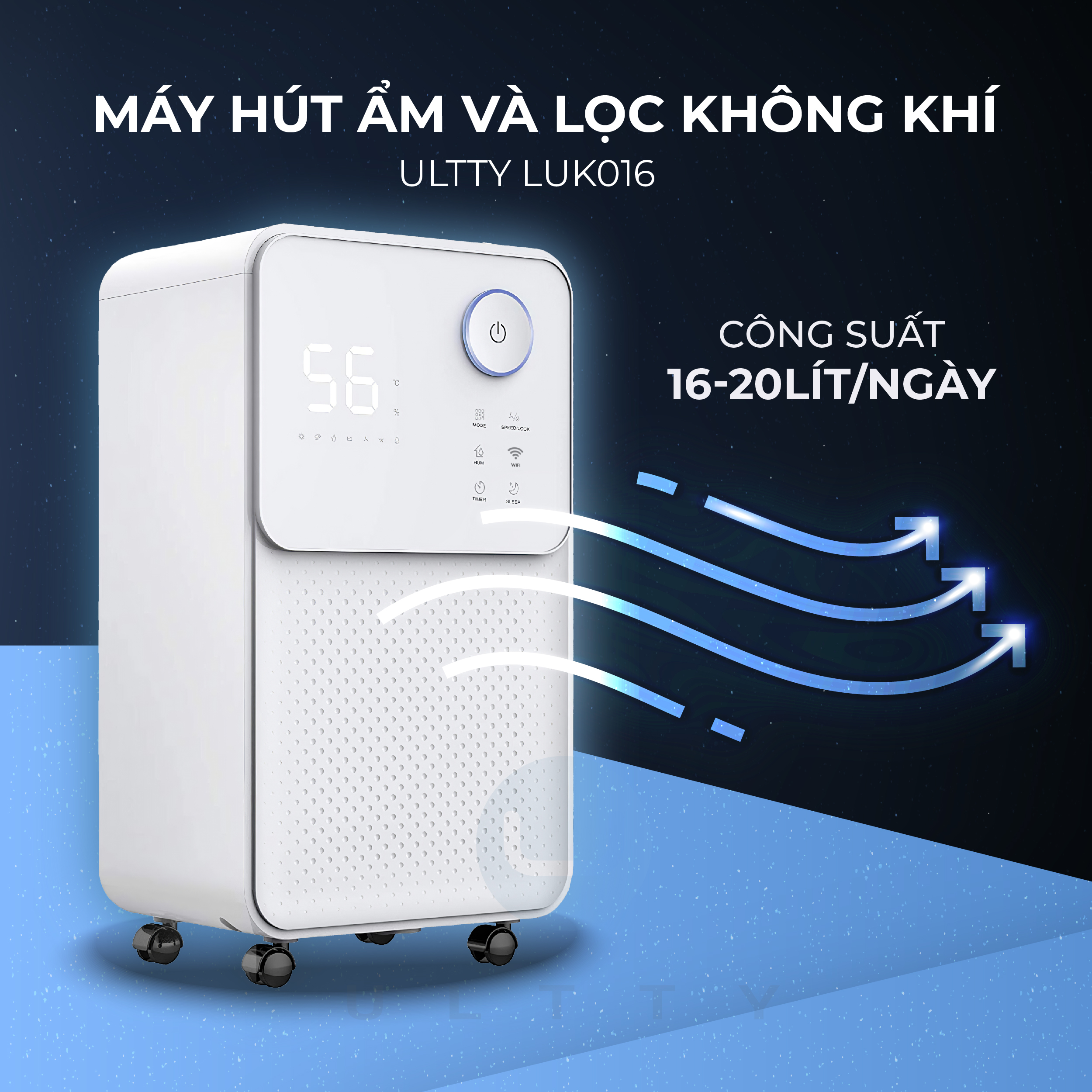 Máy hút ẩm và lọc không khí ULTTY LUK016, giải pháp cho những ngày nồm, khử khuẩn nấm mốc, phơi khô quần áo - Hàng chính hãng