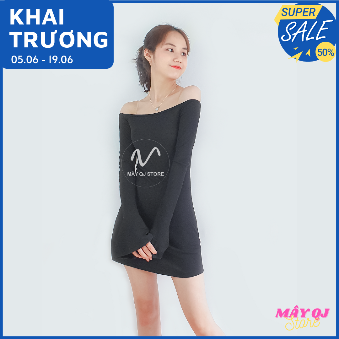 Đầm Body Trễ Vai Nữ Ôm Dáng Chữ A Tay Dài Xòe Chất Vải Thun Gân Mềm Mịn Quyến Rũ Sang Trọng Freesize <58kg