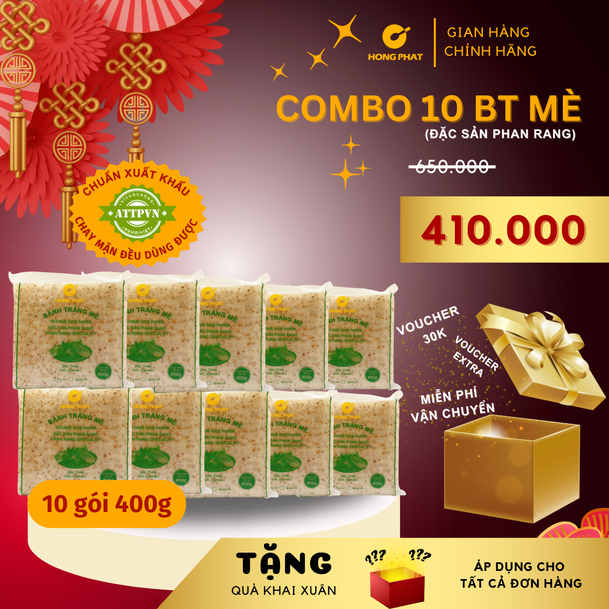 Combo 10 Bánh tráng mè 400g/gói (Bánh tráng mè, bánh tráng gỏi cuốn mè Hồng Phát đặc sản Phan Rang)