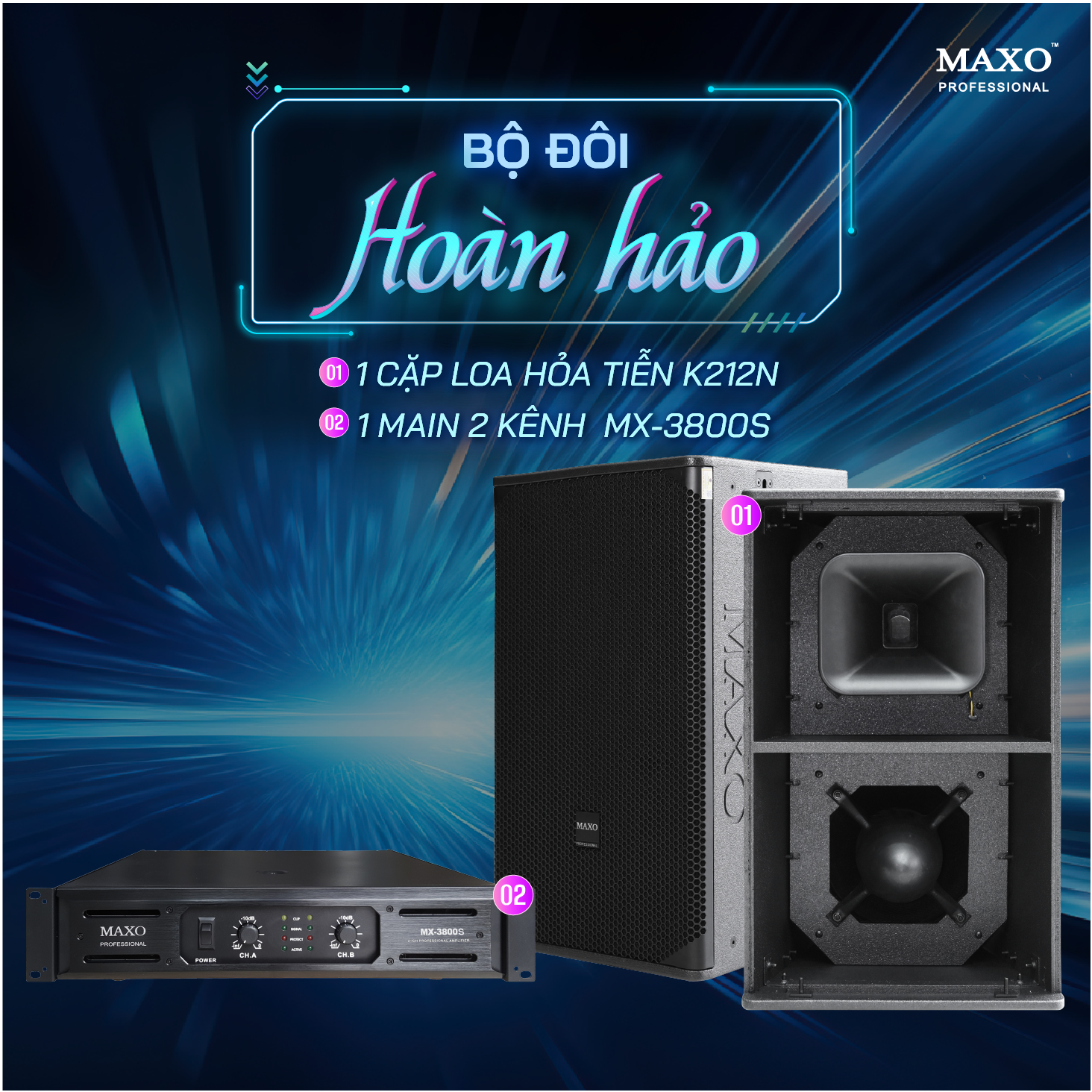 Combo Bộ Đôi Hoàn Hảo 1 cặp Loa Hỏa Tiễn K212N, 1 Main 2 kênh MX-3800S - Hàng Nhập Khẩu Chính Hãng