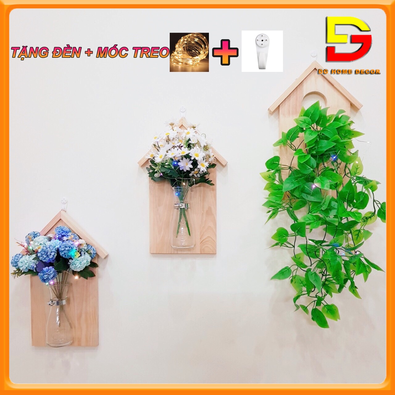 Bảng Gỗ Treo Tường - Khung Gỗ Trang Trí Cắm Hoa, Trồng Cây Thuỷ Sinh Độc Đáo Tặng Đèn Và Móc Treo DGHOME-55