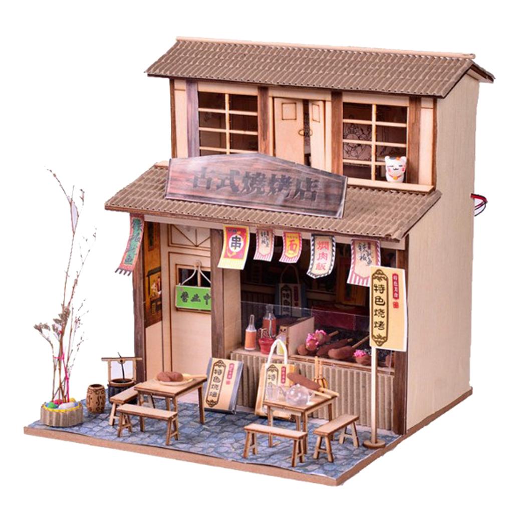 1/24 DIY Nhà Búp Bê Mini Bộ với Nội Thất, Ánh Sáng BBQ Nhà Hàng Quà Tặng