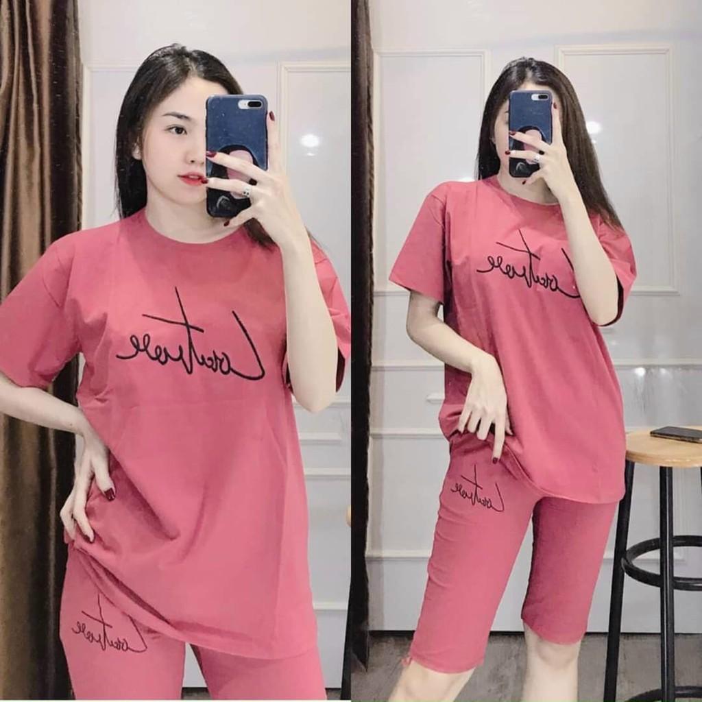 (BÁN GIÁ XƯỞNG XIN ĐÁNH GIÁ) {Có bigsize tới 85kg} Đồ bộ nữ, set bộ đồ lửng mặc nhà thêu chữ chất vải cotton co giãn