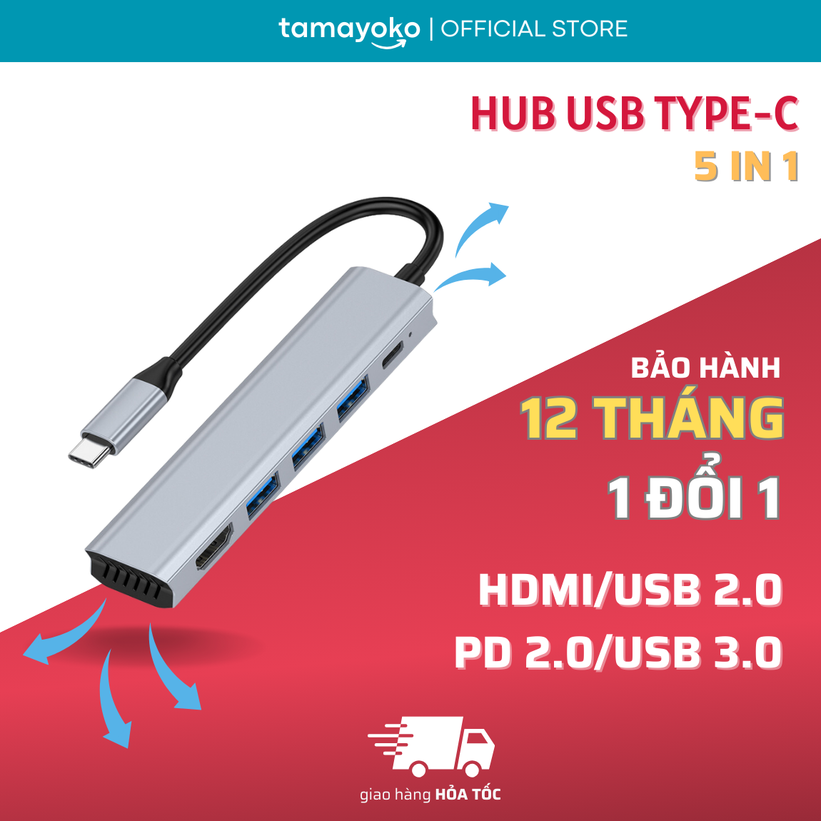 Hub Chuyển Đổi Type C Chia 5 Cổng HDMI / USB 3.0 / USB 2.0 / PD Hỗ Trợ Sạc Nhanh, Có Khe Tản Nhiệt - Hàng Chính Hãng Tamayoko