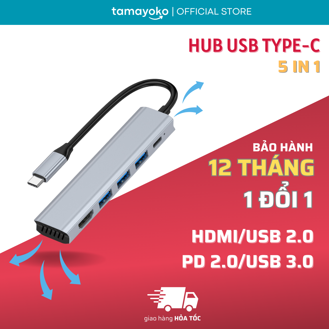 Hub Chuyển Đổi Type C Chia 5 Cổng (5 in 1) HDMI / USB 3.0 / USB 2.0 / PD Hỗ Trợ Sạc Nhanh, Có Khe Tản Nhiệt - Hàng Chính Hãng Tamayoko