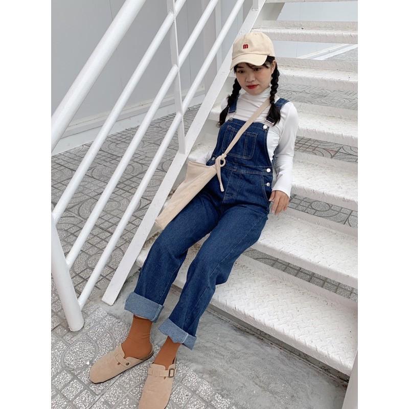 Yếm jean nút gài ống suông xanh đậm