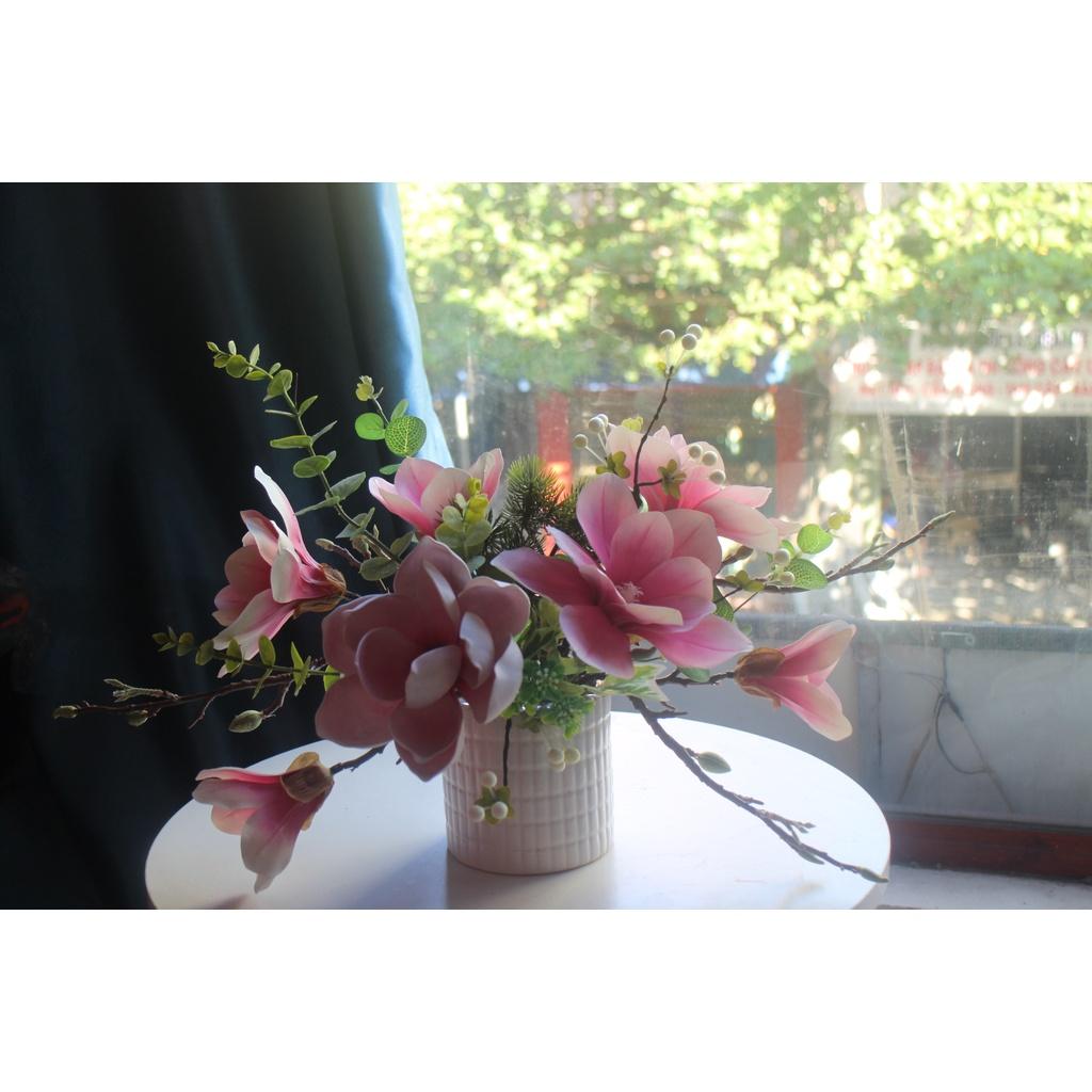 Chậu hoa Mộc Lan màu hồng vintage để bàn trang trí nhà cửa, nhà hàng...- hoa giả - hoa kèm chậu