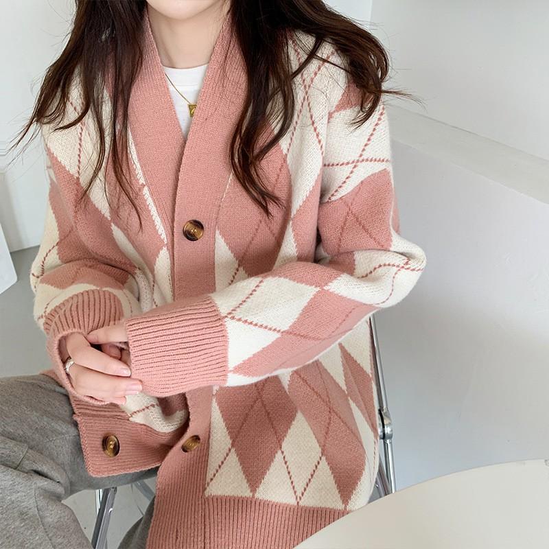 Khoác Len Cardigan | Áo Cardigan Len Thu Đông Cổ V Họa Tiết Hình Thoi Phong Cách Hàn Quốc, Thời Trang Ulzzang