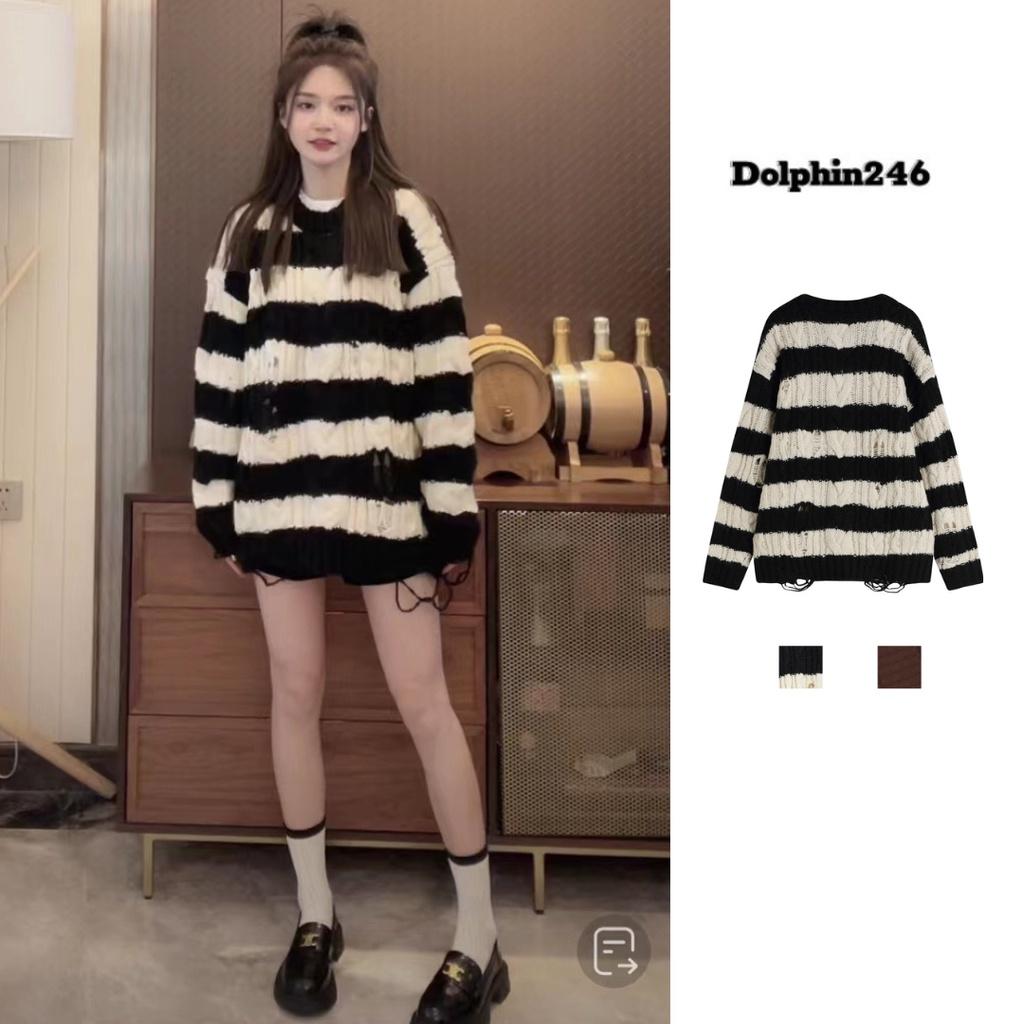 Áo Sweater Len Dệt Kim Cổ Tròn Tay Dài Dáng Rộng Họa Tiết Kẻ Sọc Ngang Phong Cách Vintage Đường Phố B-14