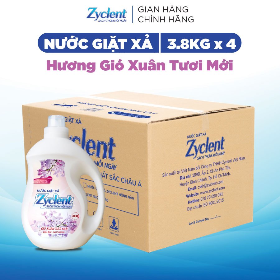 Thùng Nước Giặt Xả Zyclent EXTRA Hương Gió Xuân Tươi Mới - (3.8KG x 4 CAN)