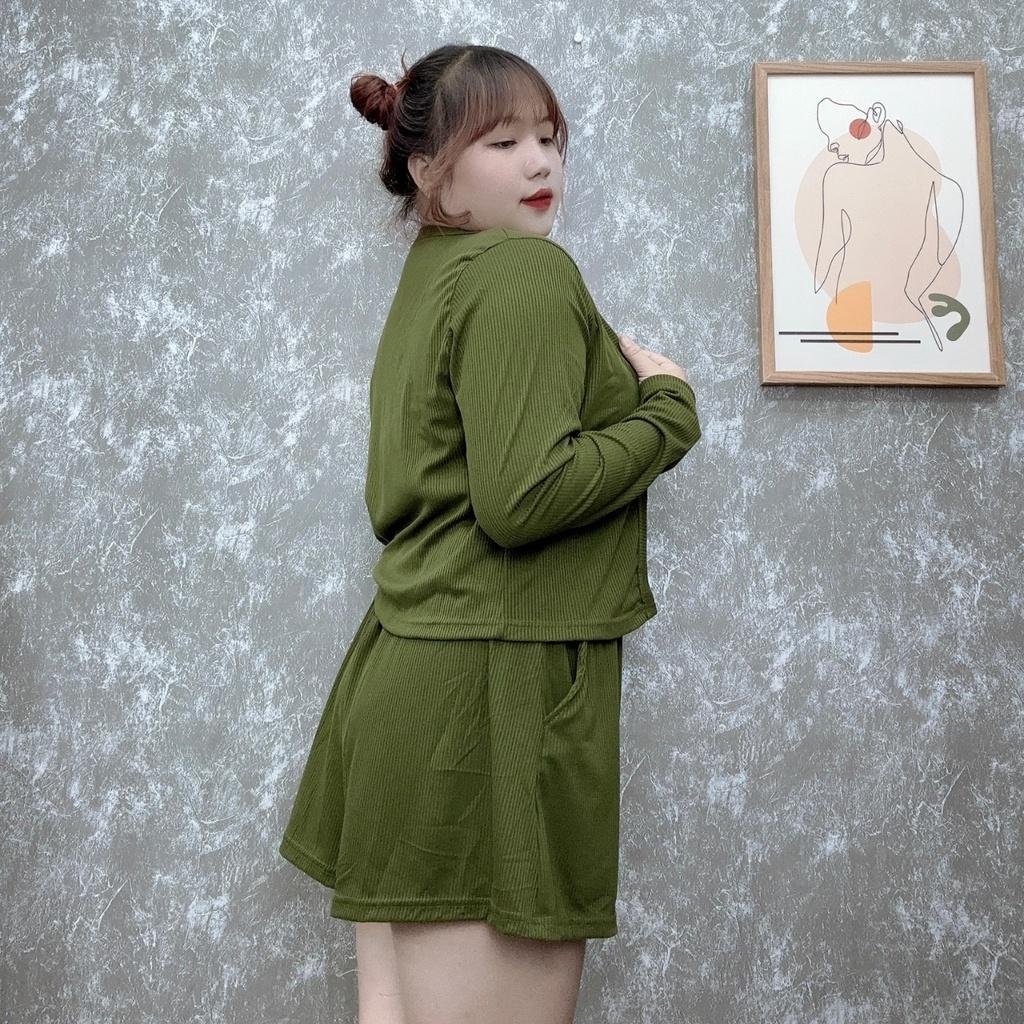 Set 3 món bigsize nữ gồm áo khoác ngoài và áo dây và quần đùi lưng thun chất liệu gân co giã mát mẻ SET12