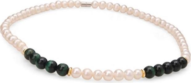 Dây Chuyền Ngọc Trai Trắng Đá Opal Mắt Hổ Xanh Tự Nhiên 8mm
