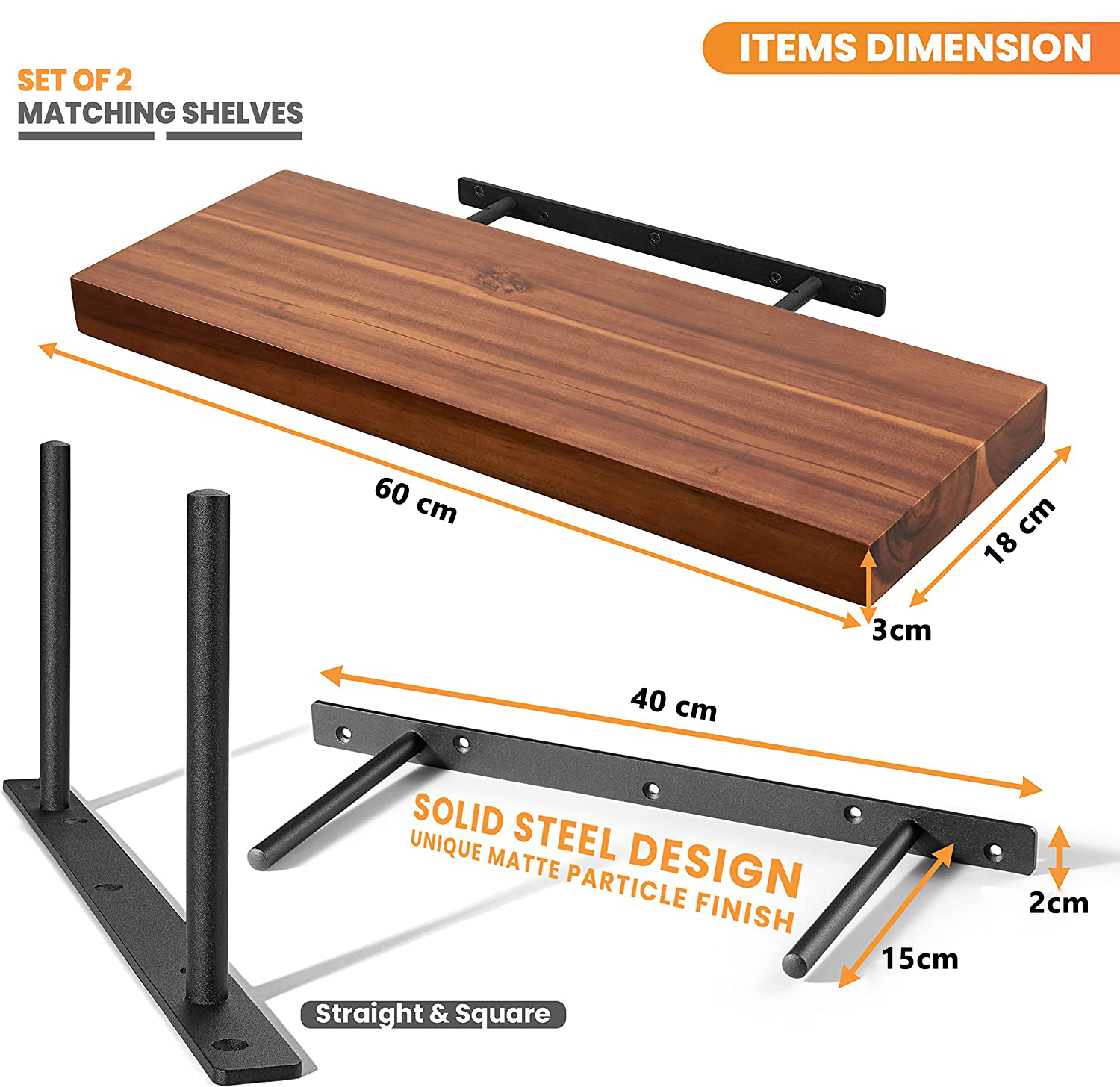 Combo 2 kệ gỗ treo tường trang trí 61cm, kèm chốt âm tường chữ U, phụ kiện vít tắc kê