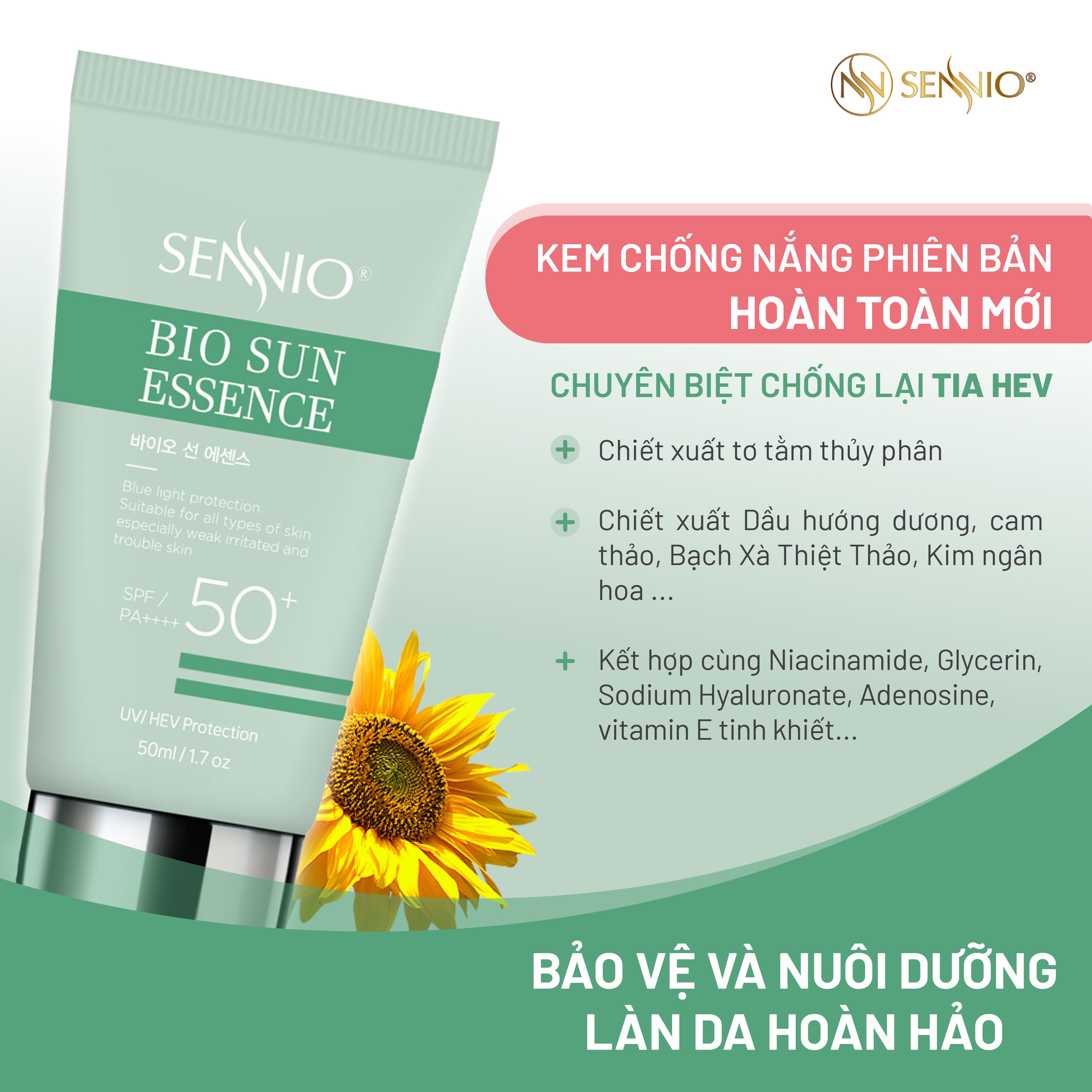 Tinh chất chống nắng, chống ánh sáng xanh Sennio Bio Sun Essence SPF50  PA+++ - Sản phẩm chống nắng và phục hồi sau khi đi nắng | ALamDep.com