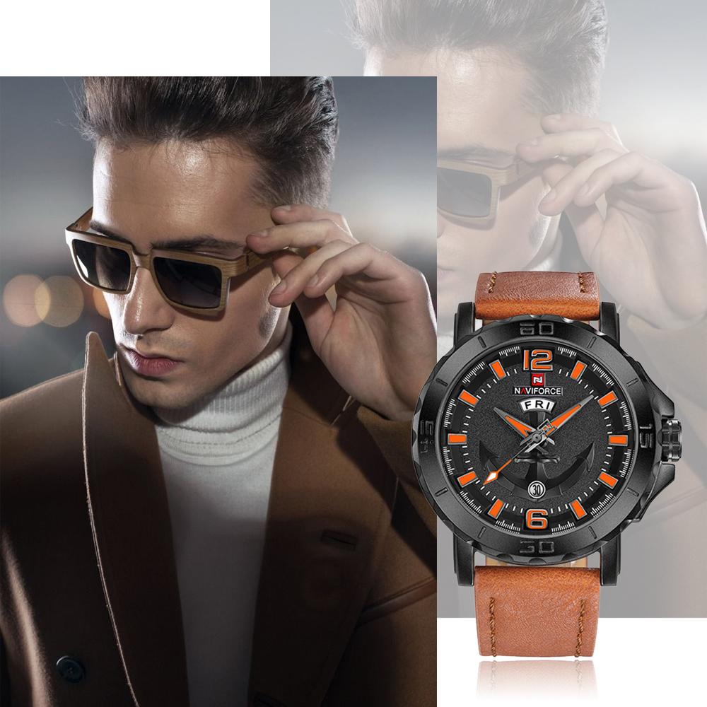 Đồng hồ đeo tay dây da chính hãng Lịch & Tuần NAVIFORCE Cool Luminous Quartz Men chống nước 3ATM