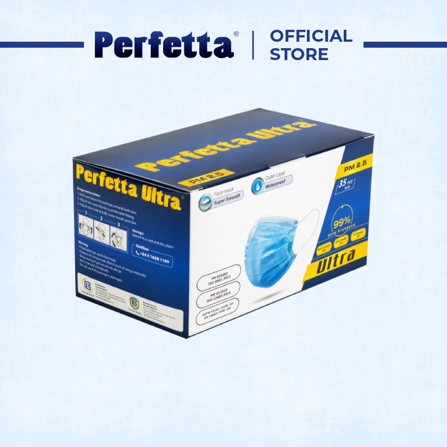 [1 HỘP - PERFETTA ULTRA] - Khẩu Trang Y Tế Chất Lượng Cao, Kháng Khuẩn, Chống Bụi Mịn PM 2.5, Màu Xanh, 4 Lớp, Bảo Vệ Tối Ưu, Đóng Gói Từng Cái - (35 cái/hộp)