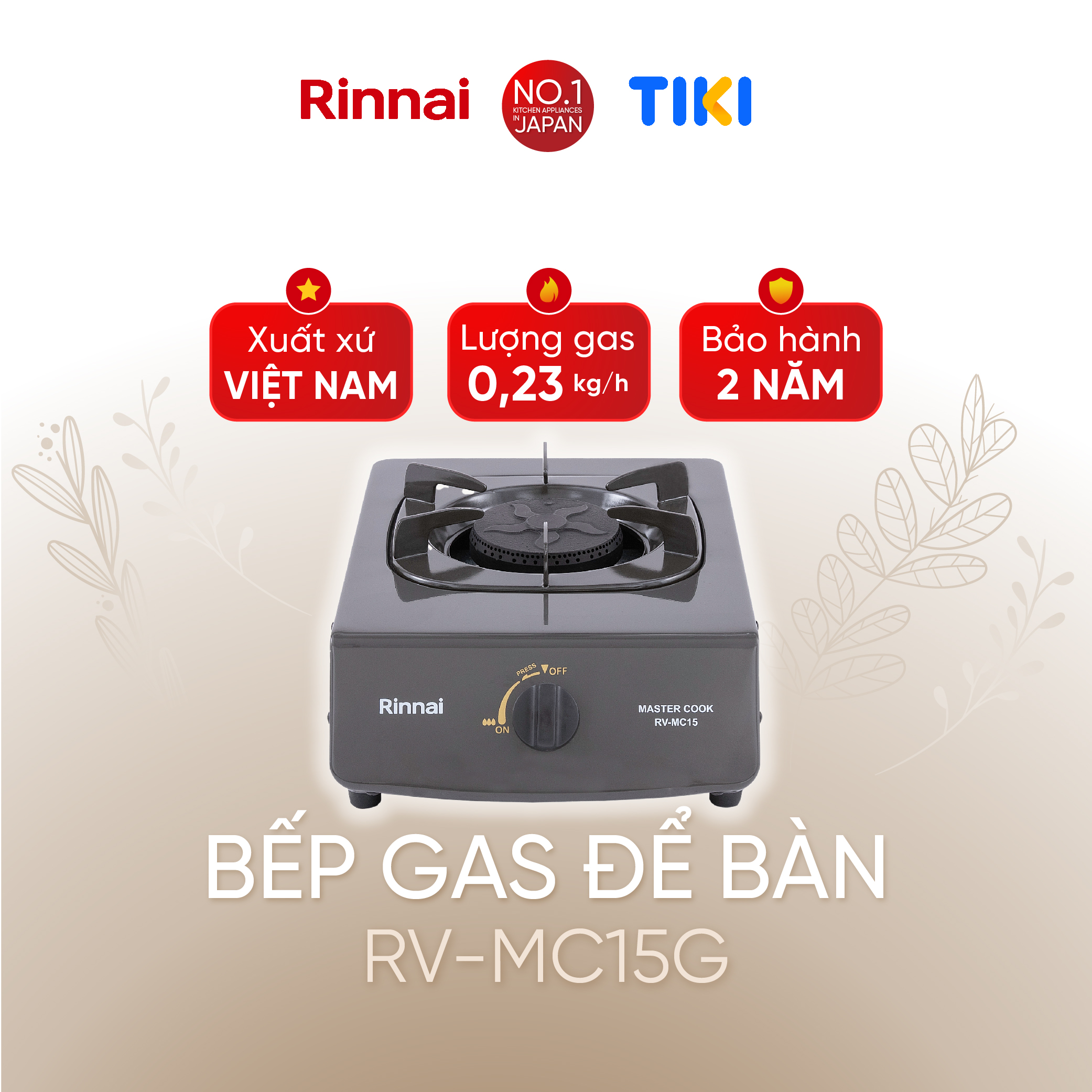 Bếp gas dương Rinnai RV-MC15G mặt bếp men và kiềng bếp men - Hàng chính hãng