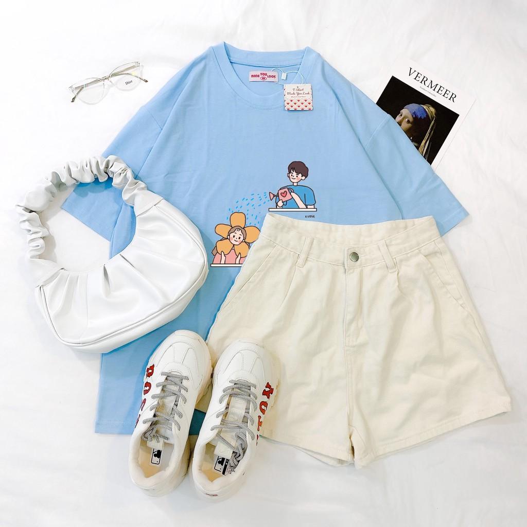 Áo Thun Tay Lỡ Unisex Couple Tưới Hoa Form Rộng