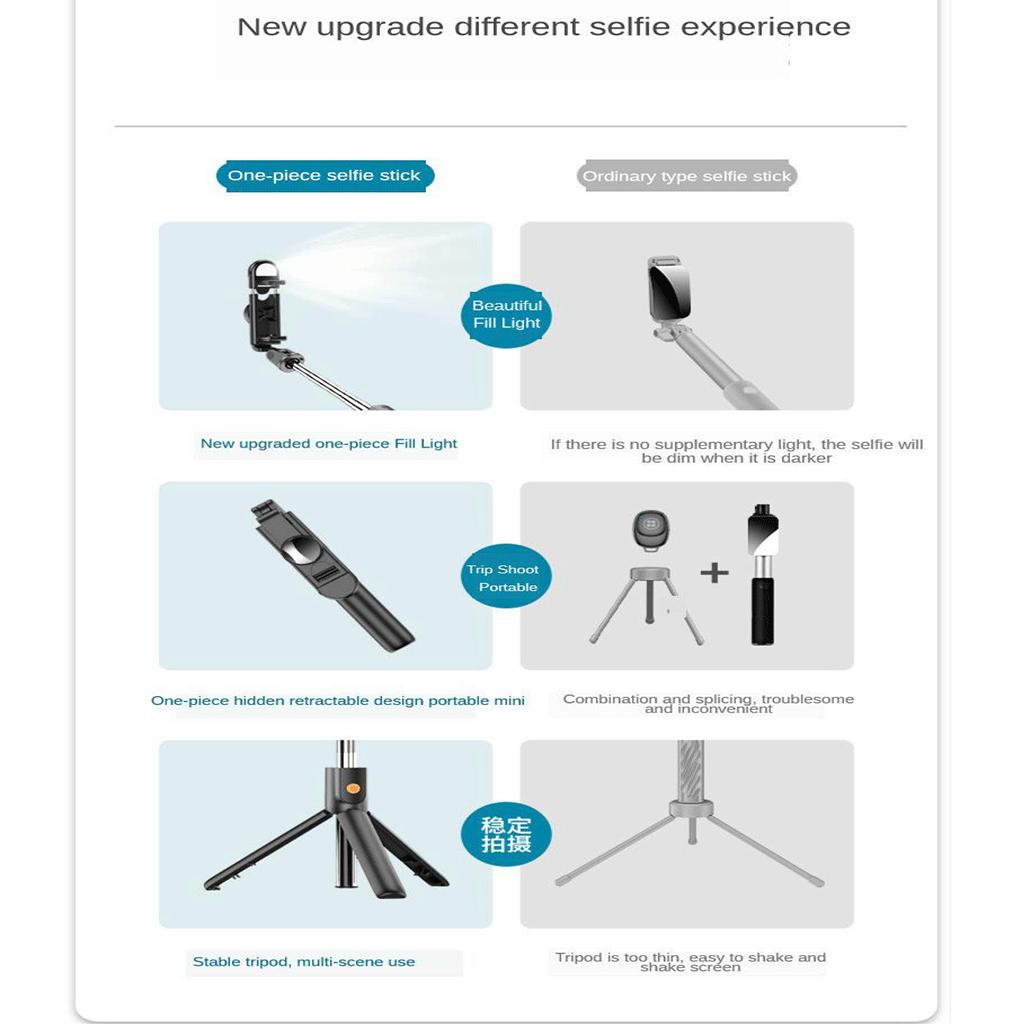Wireless Bluetooth Selfie Stick w/Fill Light Tripod Remote Control Black