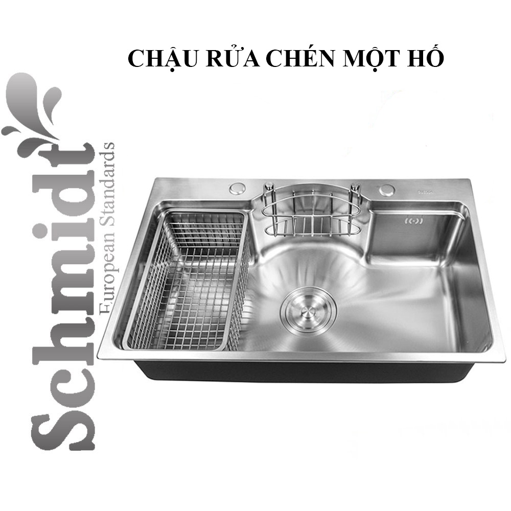 Chậu rửa chén bát Schmidt một hố 78x48cm inox 304 nano bạc, bồn rửa bát cao cấp dày dặn giảm tiếng ồn - Tặng kèm rổ để bát và bộ xả - Hàng chính hãng