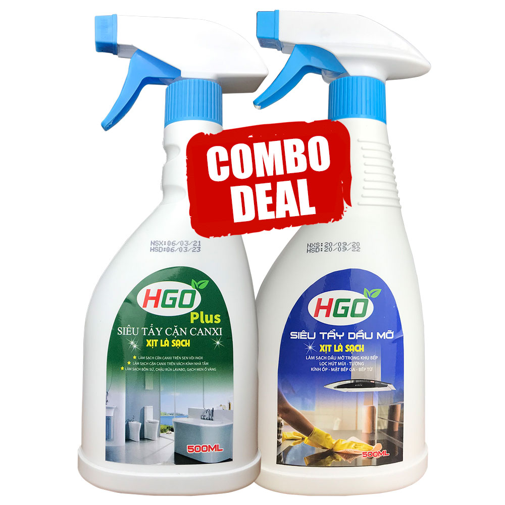 Combo tẩy cặn canxi nhà tắm HGO Plus + tẩy dầu mỡ nhà bếp HGO bình xịt 500ml, sử dụng tiện lợi hiệu quả tiết kiệm