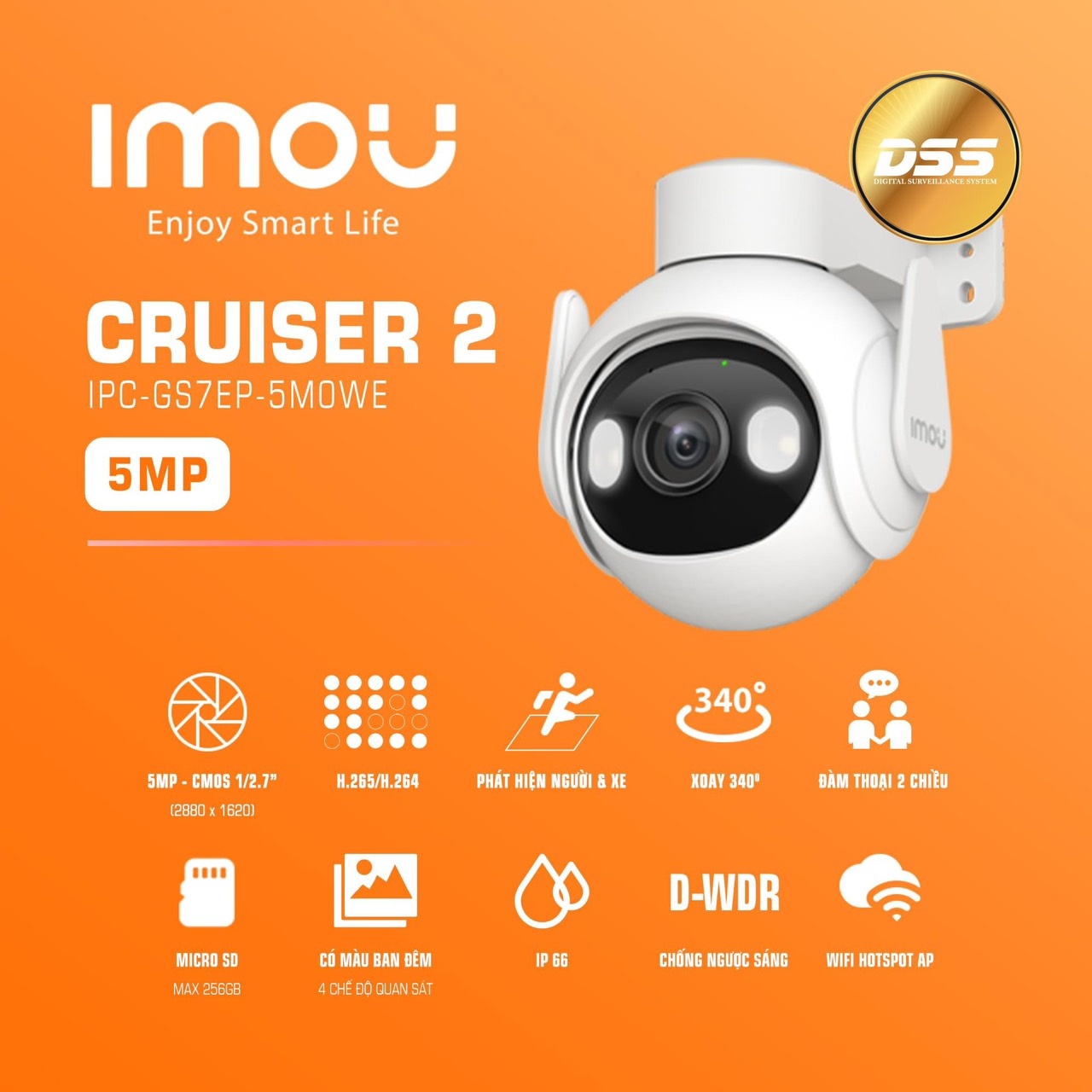 Camera Wifi ngoài trời Imou Cruiser 2 (5MP) I IPC-GS7EP-5M0WE I Đàm thoại 2 chiều I Phát hiện chuyển động I IP66 | Hàng chính hãng