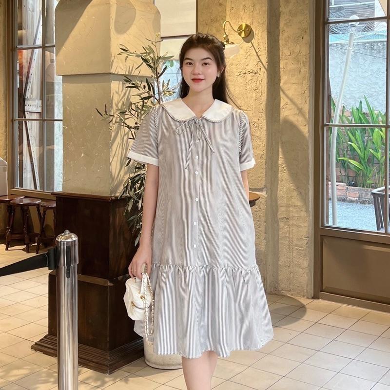 Đầm Bầu Công Sở Kẻ Sọc Phom Đuôi Cá Phối Viền Tay Trẻ Trung Chất Cotton Mềm Mát Mẻ Cho Mùa Hè - Xanh