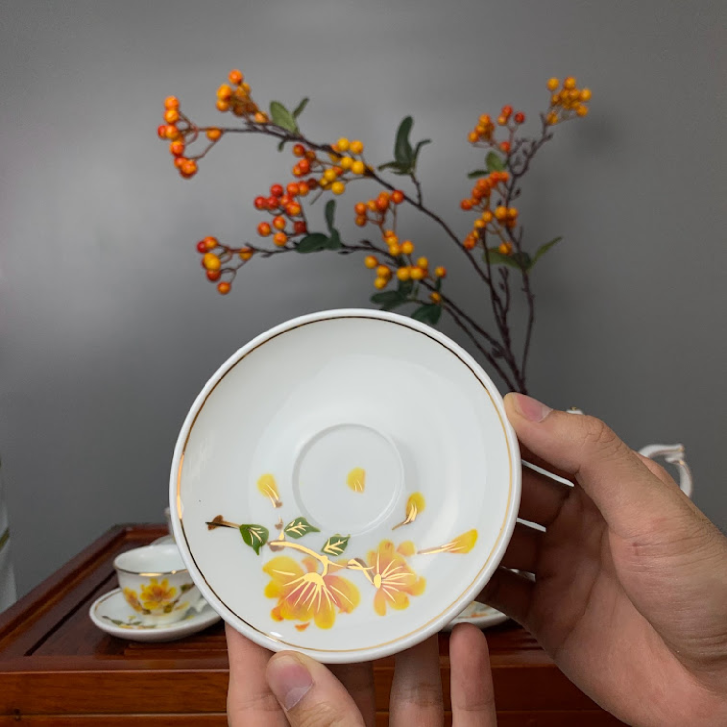 Bộ ấm chén uống trà cao cấp , bộ ấm trà Bát Tràng - mai vàng phú quý